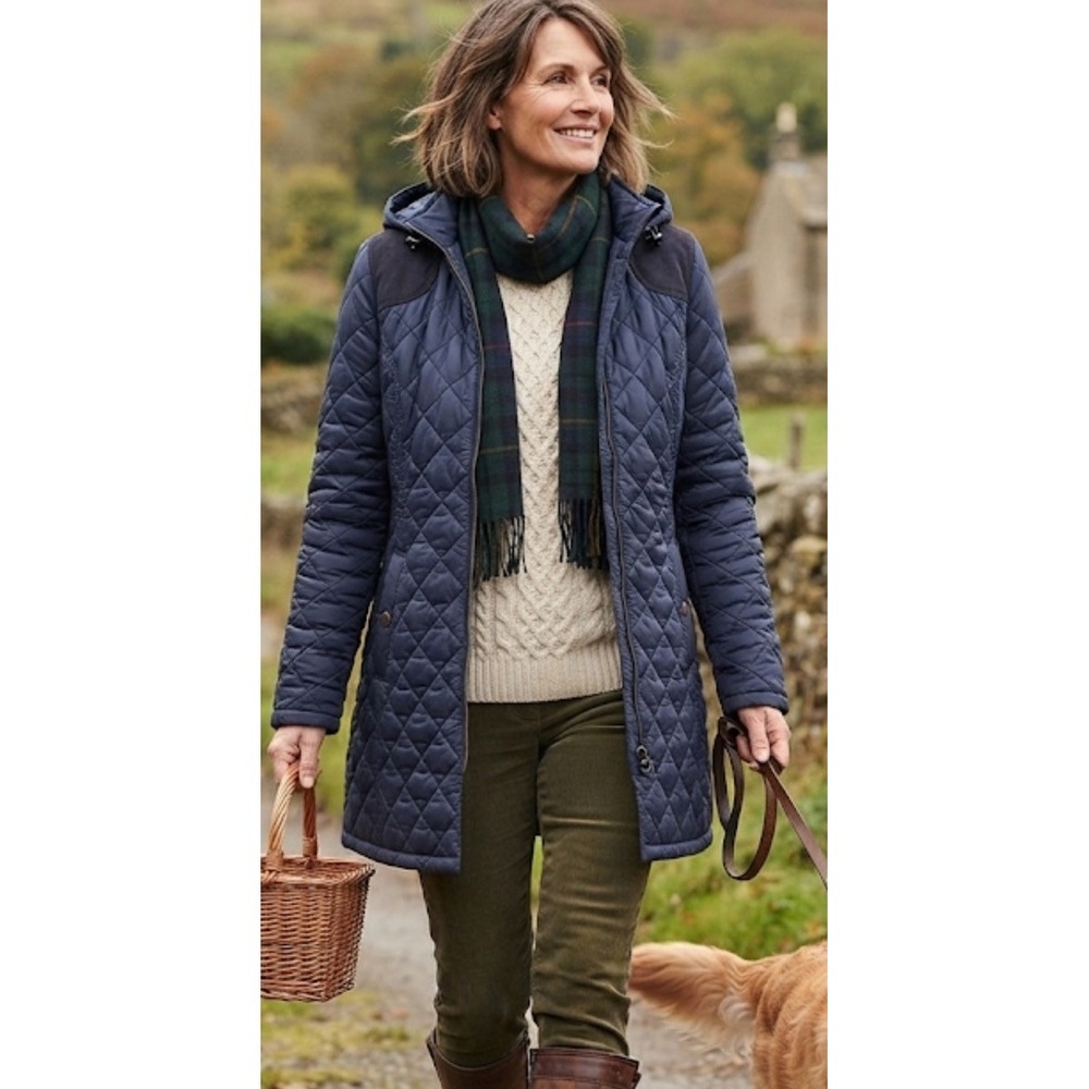Barbour Greenfinch Midi Jacket Womens Sz 12 Navy Blue Hooded Shoulder Patches